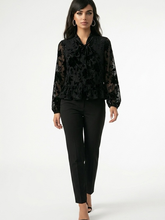Express Tops - Express Y2K Black Sheer Velvet Burnout Tie-Neck Peplum Hem Blouse Women's S